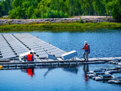 Floating solar panels and cell platform on the water of solar cell power plant with solar cell generate the electric on the lake with sunlight , ecological energy, Alternative renewable energy.