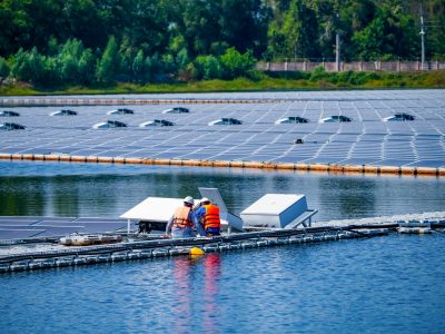 Floating solar panels and cell platform on the water of solar cell power plant with solar cell generate the electric on the lake with sunlight , ecological energy, Alternative renewable energy.